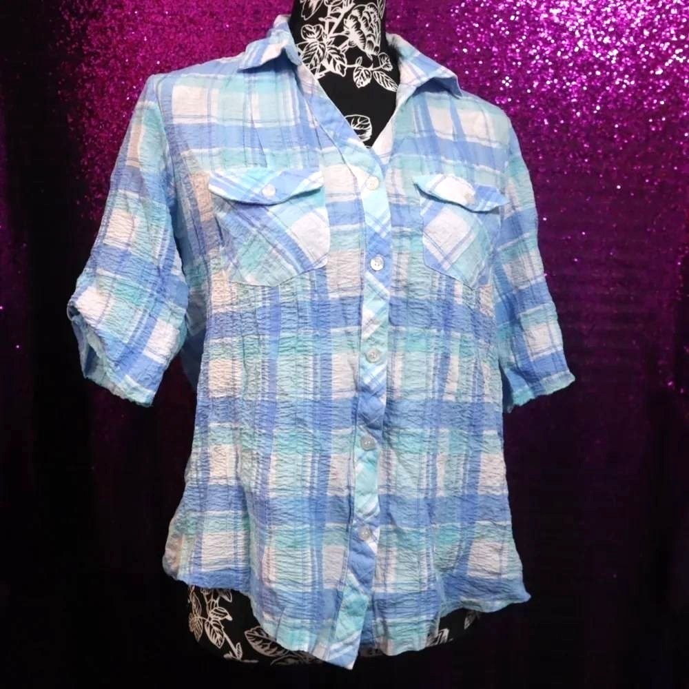 Blue Plaid Button Down Size M Cathy Daniels Womens Seersucker Short Sleeve Top
